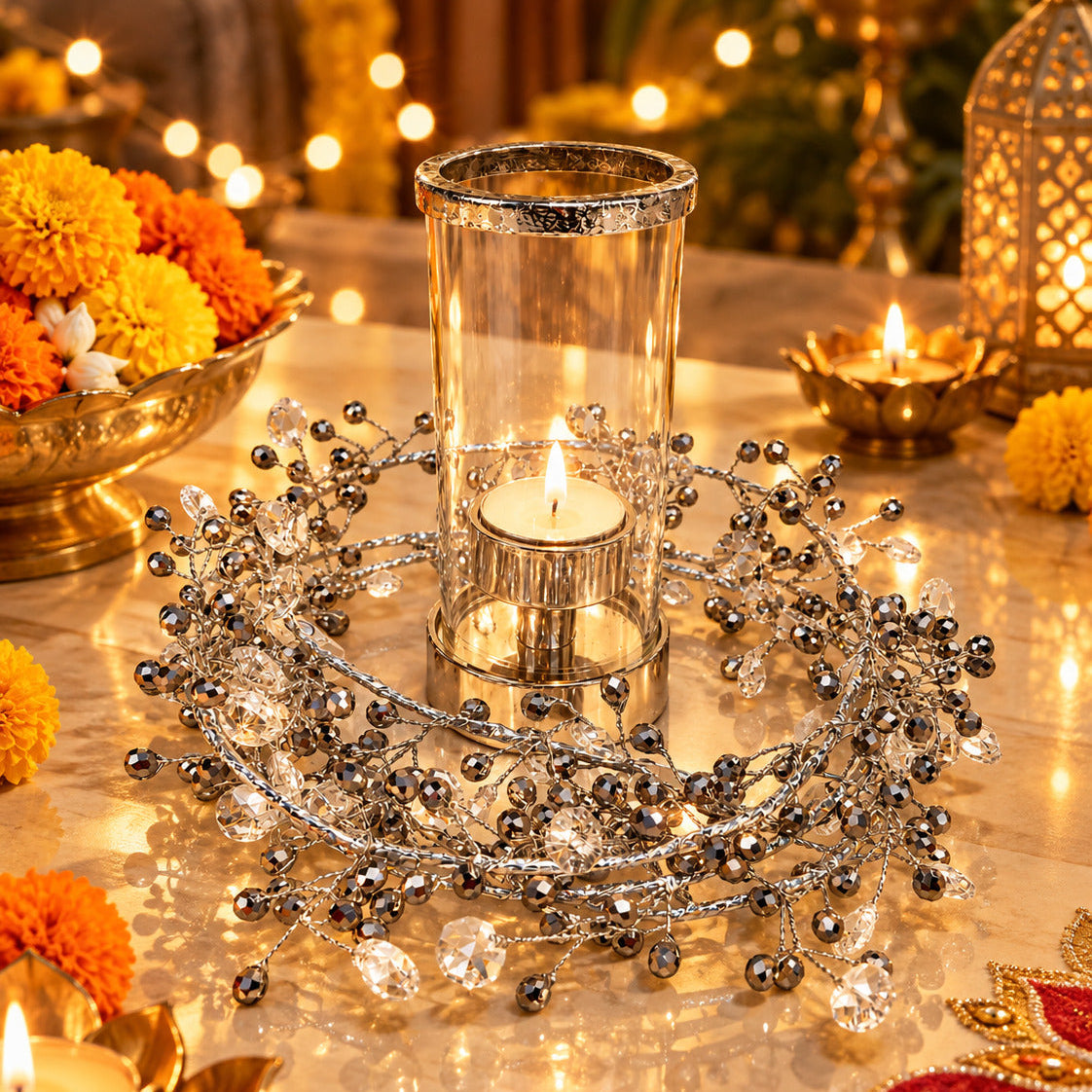 Silver Crystal Tealight Candle Holder with Silver Decorative Garland